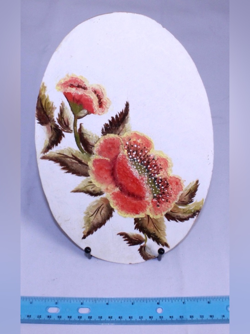 Hand-Painted Floral Oval Plaque - Coral Poppy Design